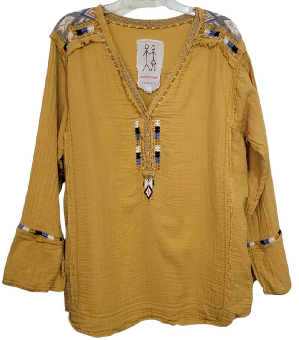 JOHNNY WAS Women Tunic Embroidered V-Neck Long Bell Sleeves Cotton Size L